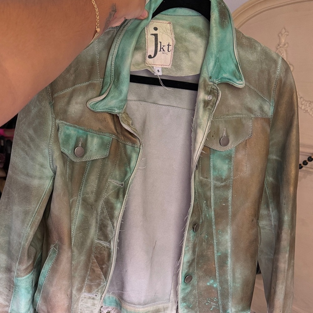 Women's Leather Jacket - Green and Brown
